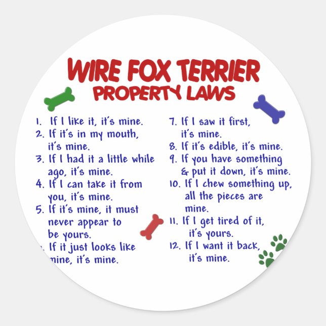 Pegatina Redonda WIRE FOX TERRIER Property Laws 2 (Anverso)