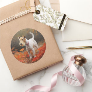 Pegatina Redonda Wirefox Terrier en Otoño Hojas Caídas Inspiran