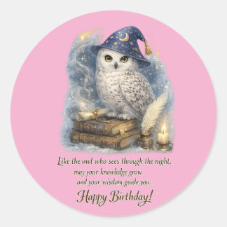 Pegatina Redonda Wisdom & Knowledge Snow Owl Happy Birthday