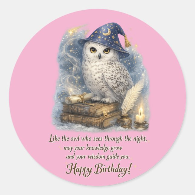 Pegatina Redonda Wisdom & Knowledge Snow Owl Happy Birthday (Anverso)