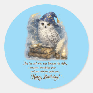 Pegatina Redonda Wisdom & Knowledge Snow Owl Happy Birthday Card