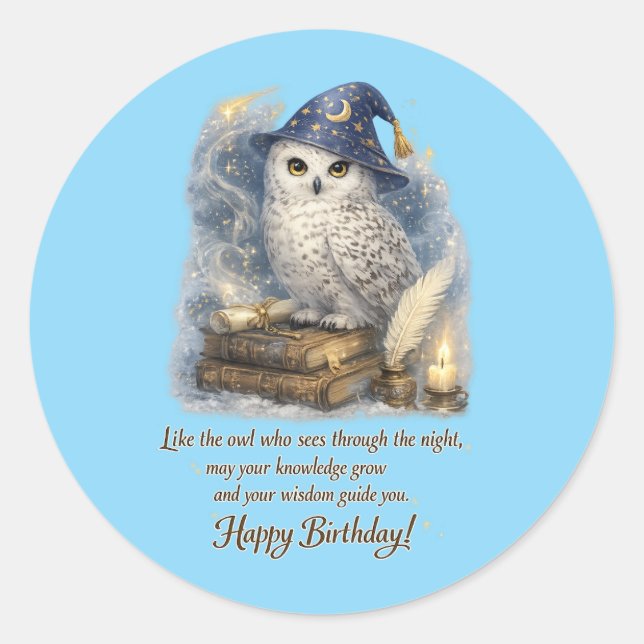 Pegatina Redonda Wisdom & Knowledge Snow Owl Happy Birthday Card (Anverso)