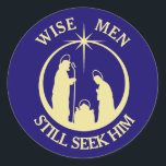 Pegatina Redonda Wise Men Nativity Christmas<br><div class="desc">Keep Christ in your Christmas correspondence and activities with this beautiful nativity scene sticker. A gold silhouette nativity scene is at the center with the Star of Bethlehem above. The curved text says "Wise Men Still Seek Him". Everything is placed on a dark blue background to make it really stand...</div>