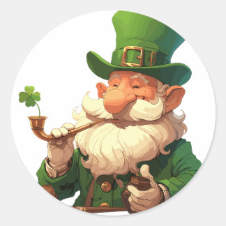 Pegatina Redonda Wise Old Leprechaun con Pipe