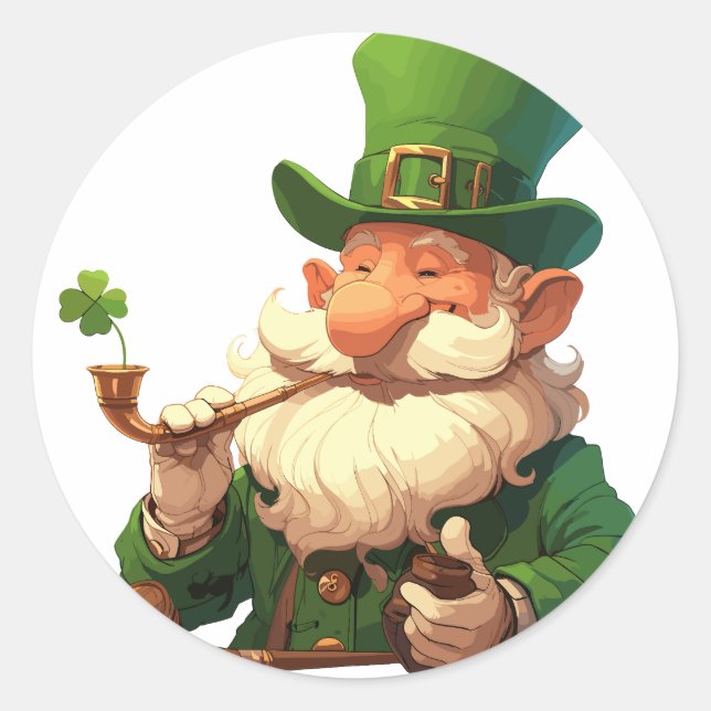 Pegatina Redonda Wise Old Leprechaun con Pipe (Anverso)