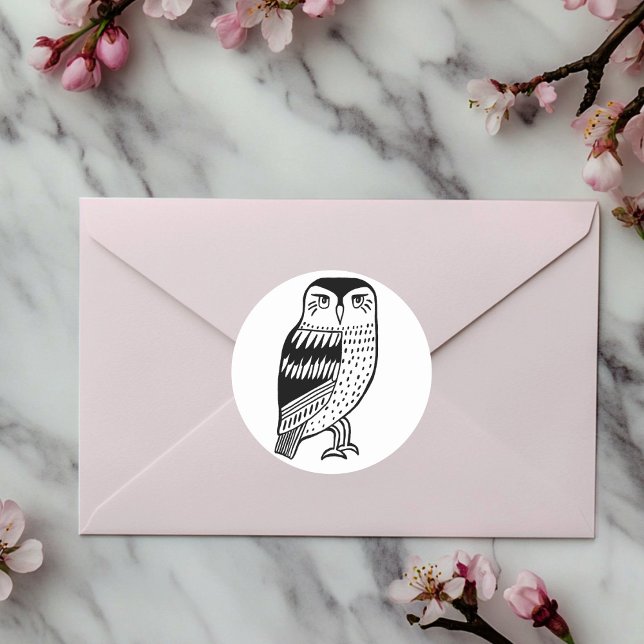 Pegatina Redonda Wise Owl dibujando en negro (Wise Owl line drawing black Classic Round Sticker
)