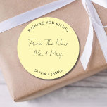 Pegatina Redonda Wishing You Riches From The New Mr Mrs Wedding Bag<br><div class="desc">Wishing You Riches From The New Mr Mrs Wedding Bag Classic Round Sticker</div>
