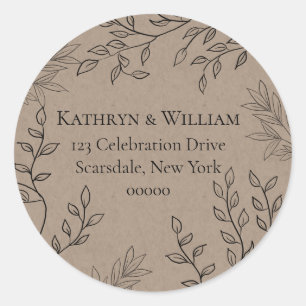 Pegatina Redonda Wispy Black Floral Outlines Kraft Return Address