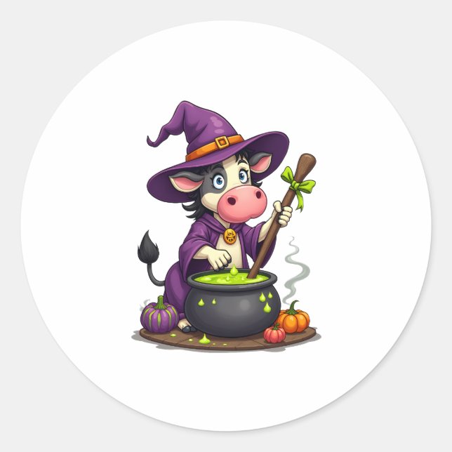 Pegatina Redonda Witch Cow Cauldron (Anverso)