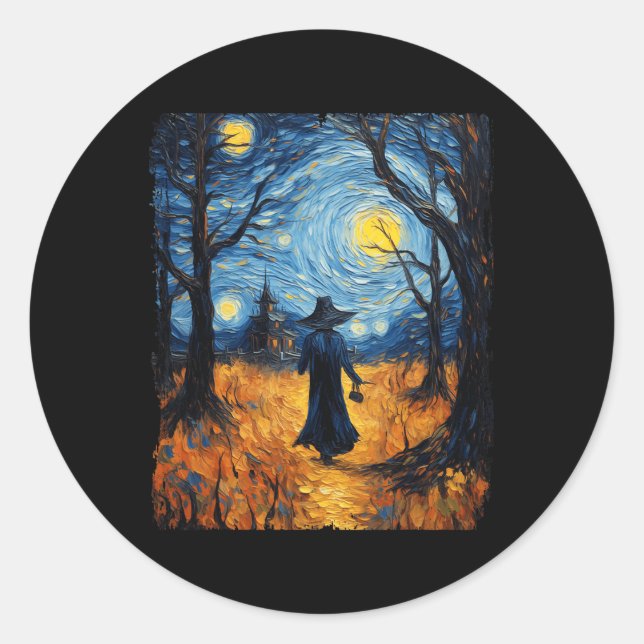 Pegatina Redonda Witch Halloween Starry Night Van Gogh Costue Art (Anverso)