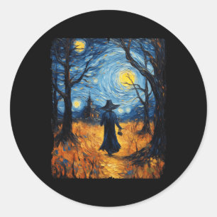 Pegatina Redonda Witch Halloween Starry Night Van Gogh Costue Art