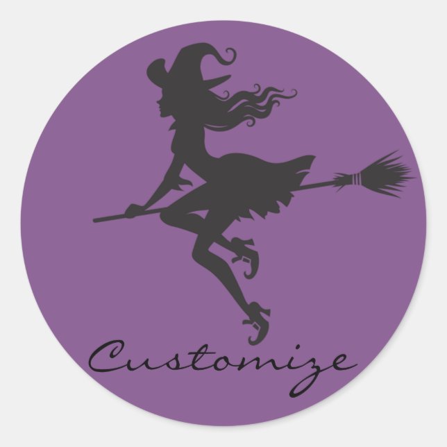 Pegatina Redonda Witch Riding Broom Halloween Thunder_Cove (Anverso)