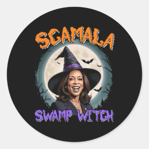 Pegatina Redonda Witch Scamala Harris Anti Kamala Halloween Black P
