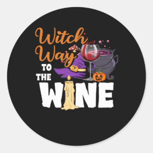 Pegatina Redonda Witch Way To The Wine I Funny Witch Lover Hallowee