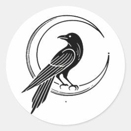 Pegatina Redonda Witchcore Black Raven y Moon Line Art