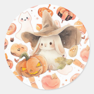 Pegatina Redonda Witchy Bunny y Jack O' Lantern Hoppy Halloween