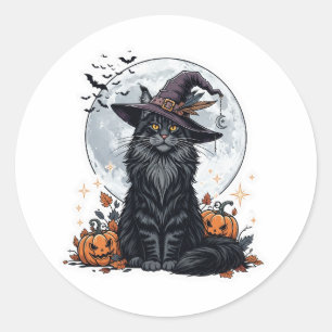 Pegatina Redonda Witchy Maine Coon - Majestic Gato Halloween