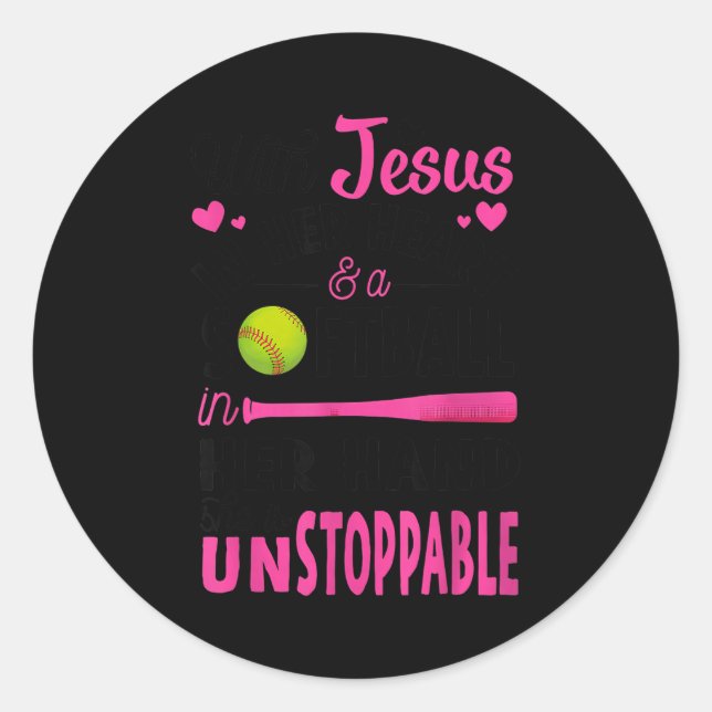 Pegatina Redonda With Jesus In Her Heart And A Softball She Is Unst (Anverso)