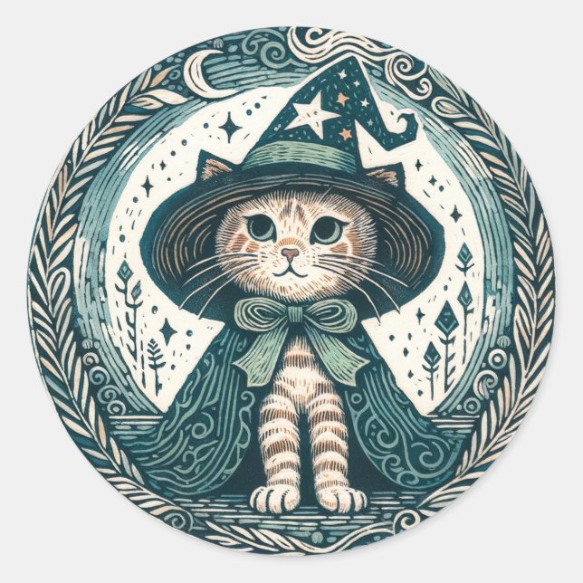 Pegatina Redonda Wizard Kitty cat (Anverso)