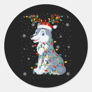 Pegatina Redonda Wolf Animal Santa Hat Ugly Christmas Tree Light