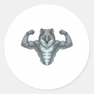 Pegatina Redonda Wolf como Bodybuilder con grandes músculos