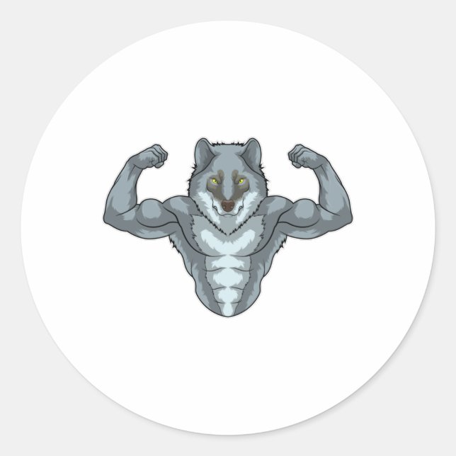 Pegatina Redonda Wolf como Bodybuilder con grandes músculos (Anverso)