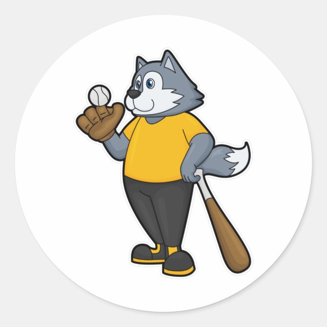 Pegatina Redonda Wolf en el béisbol con bate de béisbol (Anverso)