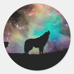 Pegatina Redonda Wolf gritando en el universo