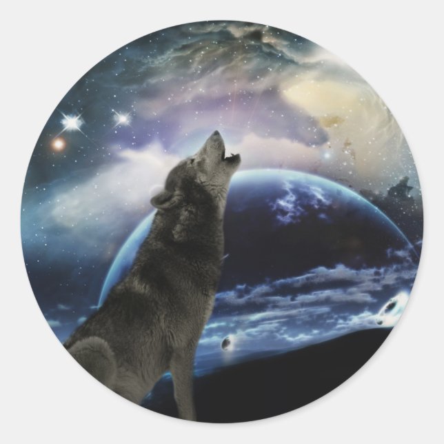 Pegatina Redonda Wolf gritando en la luna (Anverso)