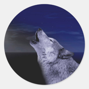 Pegatina Redonda Wolf gritando en la luna en el mar