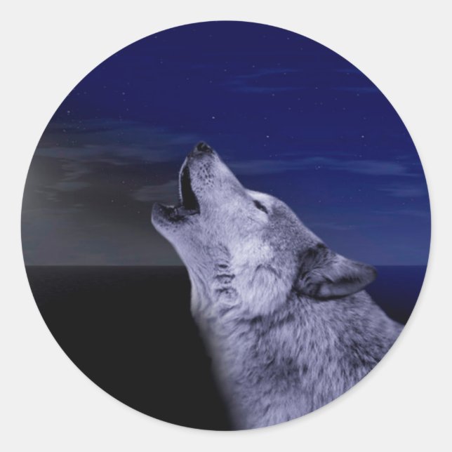 Pegatina Redonda Wolf gritando en la luna en el mar (Anverso)