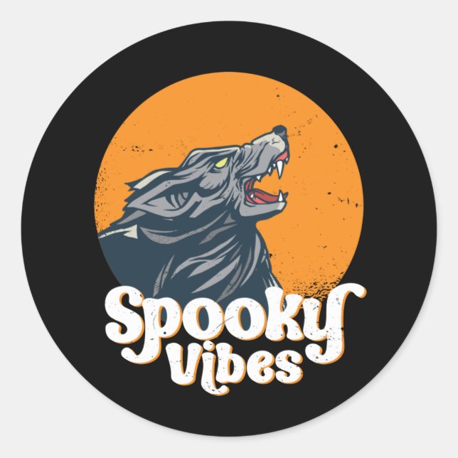 Pegatina Redonda Wolf Howling At The Moon Spooky Vibes Halloween (Anverso)