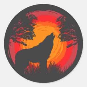 Pegatina Redonda Wolf Howling at the Sun