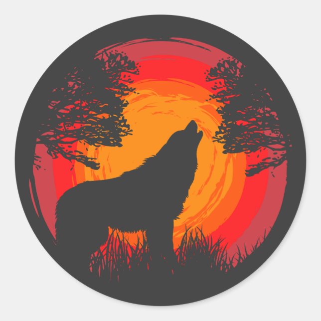 Pegatina Redonda Wolf Howling at the Sun (Anverso)