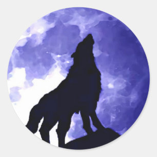 Pegatina Redonda Wolf Howling en la Luna