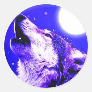 Pegatina Redonda Wolf Howling en la Luna