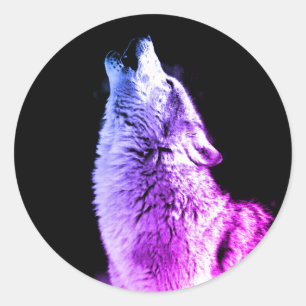 Pegatina Redonda Wolf Howling en la Luna