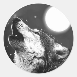Pegatina Redonda Wolf Howling en la Luna