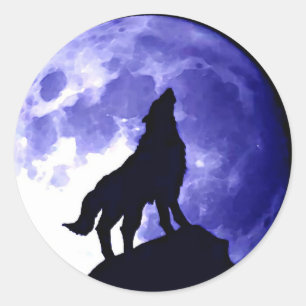 Pegatina Redonda Wolf Howling en la Luna