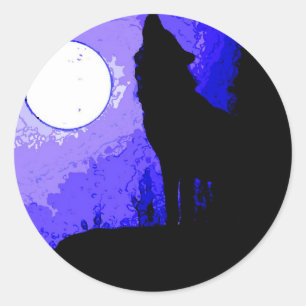 Pegatina Redonda Wolf Howling en la Luna