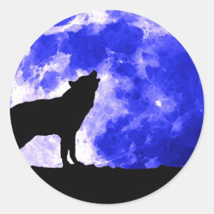 Pegatina Redonda Wolf Howling en la Luna