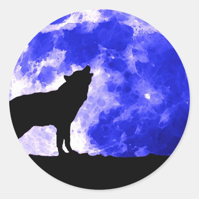 Pegatina Redonda Wolf Howling en la Luna (Anverso)