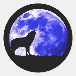 Pegatina Redonda Wolf Howling en la Luna