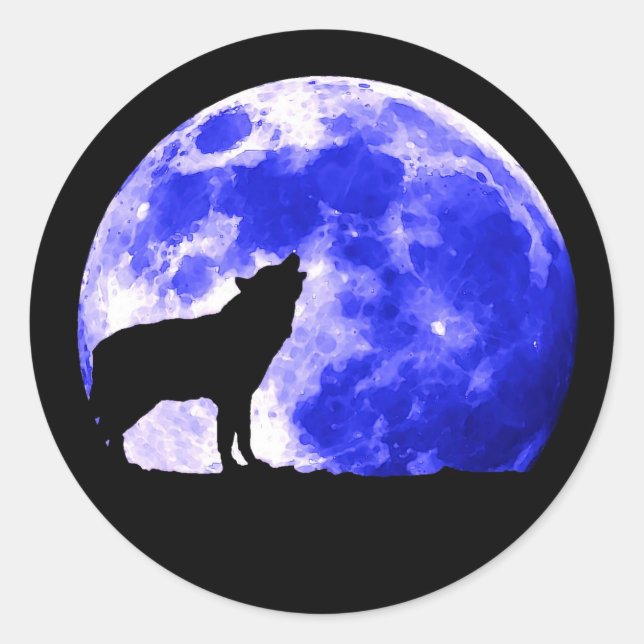 Pegatina Redonda Wolf Howling en la Luna (Anverso)