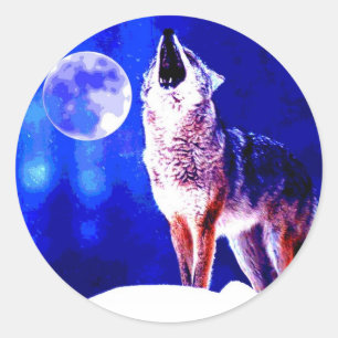 Pegatina Redonda Wolf Howling en la Luna