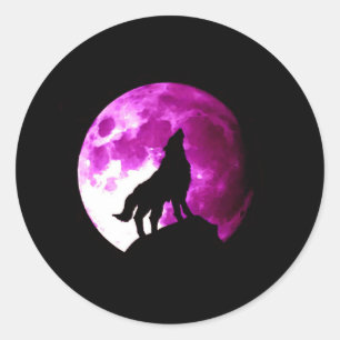 Pegatina Redonda Wolf Howling en la Luna