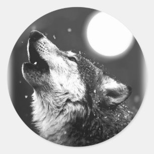 Pegatina Redonda Wolf Howling en la Luna