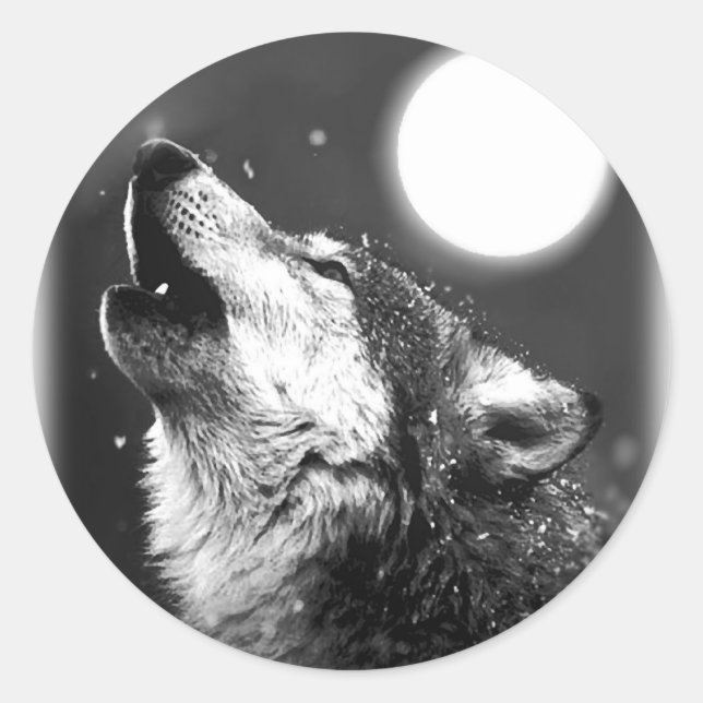 Pegatina Redonda Wolf Howling en la Luna (Anverso)