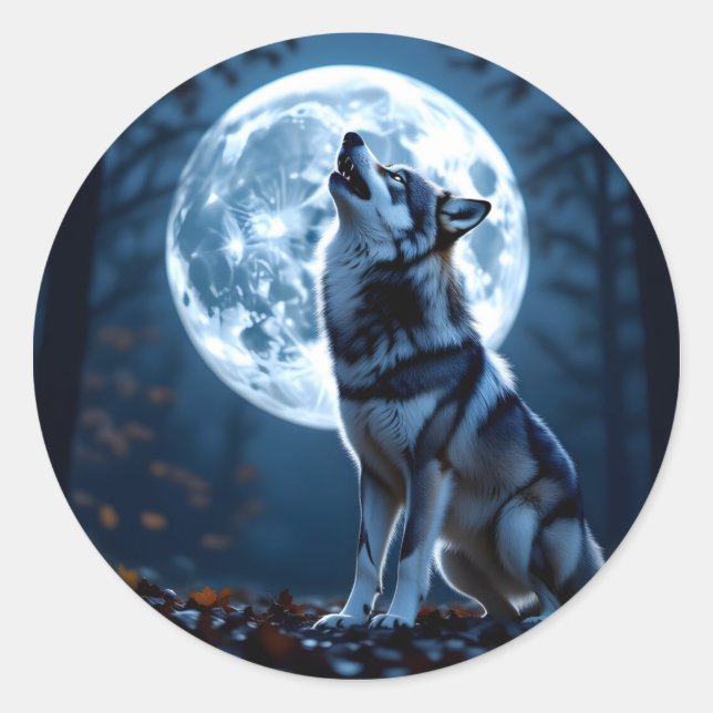 Pegatina Redonda Wolf Howling en la Luna (Anverso)
