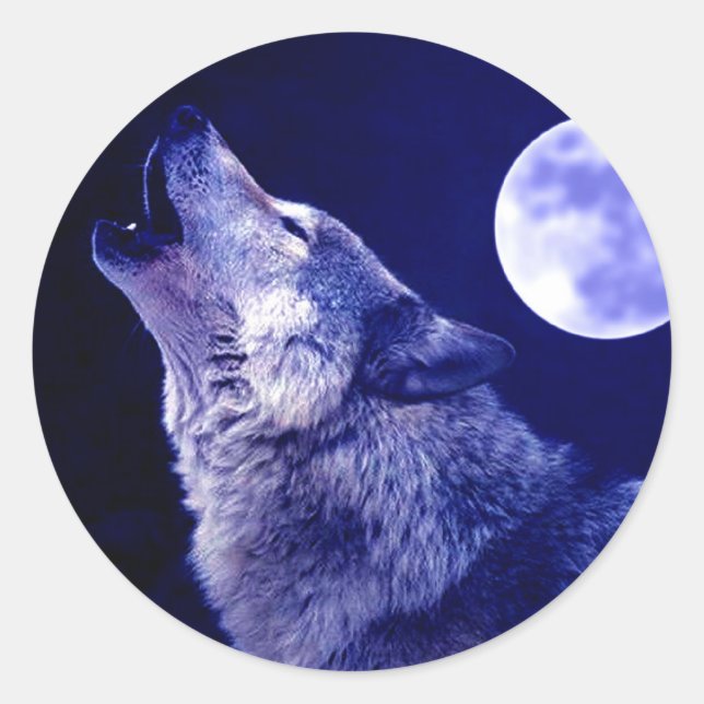 Pegatina Redonda Wolf Howling en la Luna (Anverso)